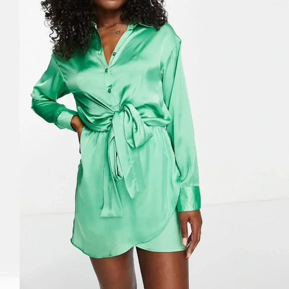 Dresses | Pullbear Tie Front Long Sleeve Satin Mini Shirt Dress In Green | Poshmark Dresses | Pullbear Tie Front Long Sleeve Satin Mini Shirt Dress In Green | Poshmark